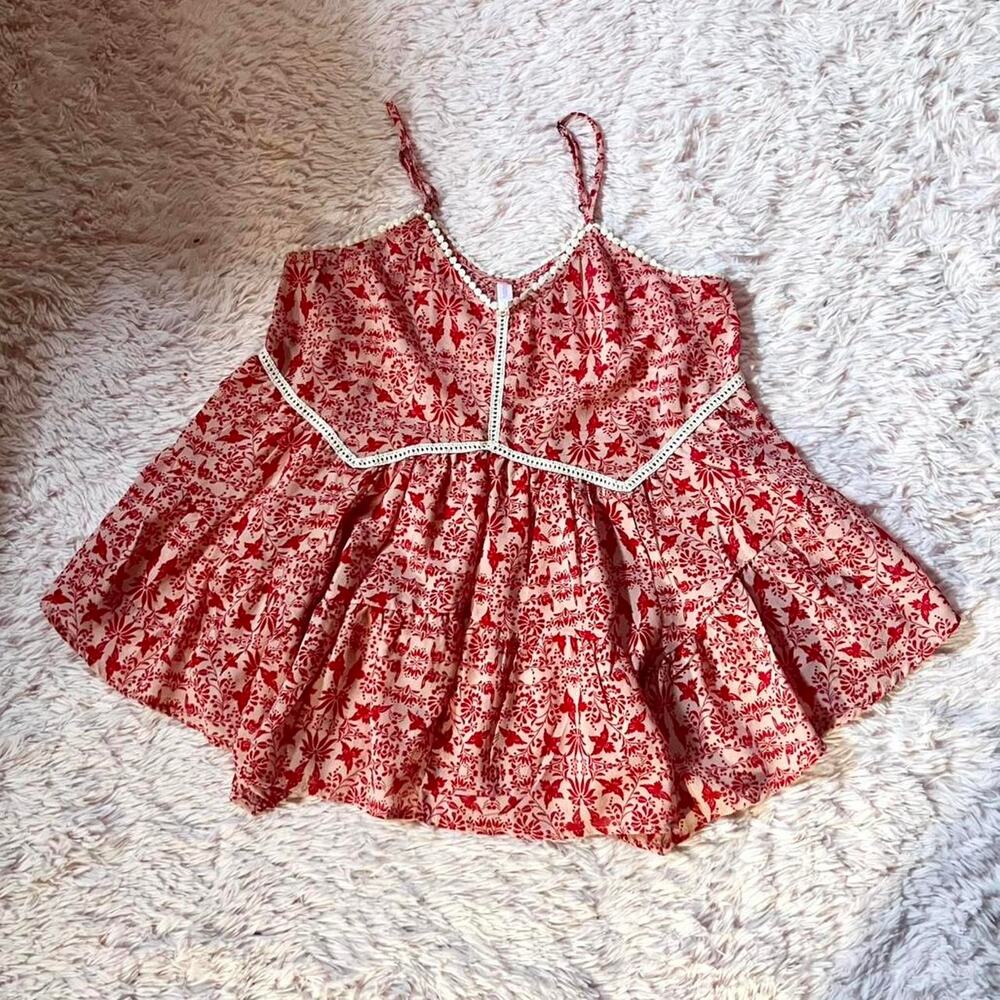 Red Floral Boho Cottage Core Earthy Hippie Lagenlook Babydoll Camisole‎ Flowy